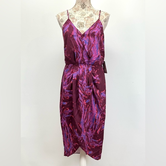 CHELSEA 28 Purple abstract print surplice spaghetti strap midi dress size S - Picture 6 of 16